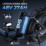 Touroll S3 Pro E-Bike Klapprad mit 1296Wh Akku, 65km-195km Reichweite, 20''x3.0'' Fat Tire Elektrofahrrad Herren Damen, 250W Motor, 50Nm Drehmoment, Ebike mit Gepäckträger, StVZO Konfor