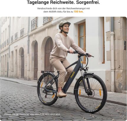 Eleglide E-Bike, T1 Elektrofahrrad 27.5'' Trekking E-Cityrad mit 13Ah Akku, 100KM Lang Range, 250W Motor, 7 Gäng E-Mountainbike für Damen und Herren, Doppelscheibenbremsen