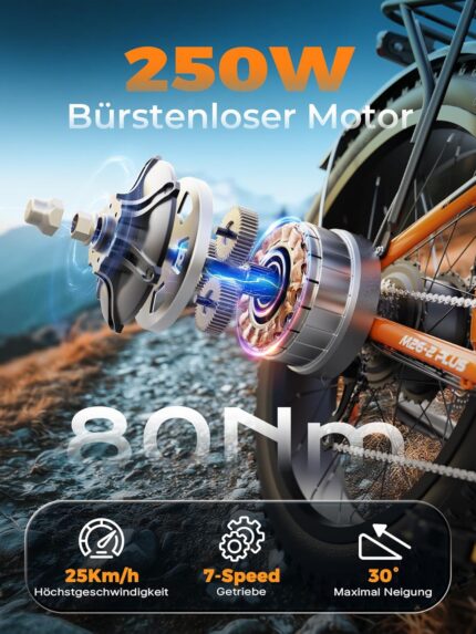 VARUN E Bike, E-Bike Herren mit 26 * 4.0" Fat Tire, 48V 18AH Akku, Bis zu 150 KM, 85Nm 250W Motor, 25KM/H, Offroad Ebike Mountainbike mit 7-Gang, All-Terrain Elektrofahrrad Herren, EU-Konformes